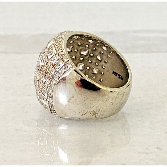 Sterling Silver Cubic Zirconia Domed Bombe Ring Statement Sz 7.5 Cocktail 13 Grs - Picture 3 of 11